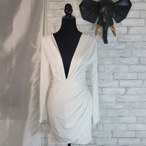 Long Sleeve White Deep V Neck Mini Dress Size 12